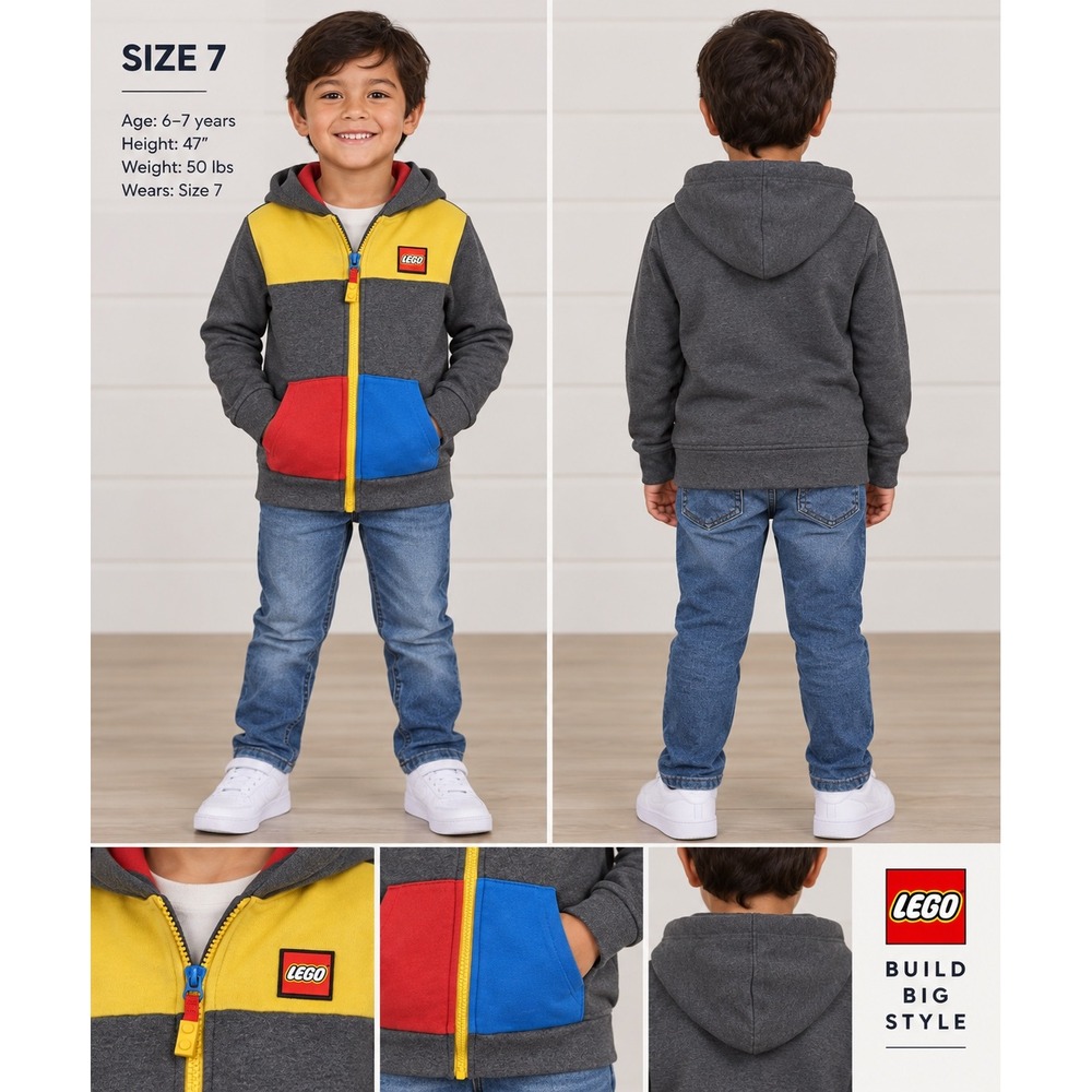 LEGO Full Zip Hoodie Kids Size 7 Grey Yellow Excellent Colorblock Brick Pull